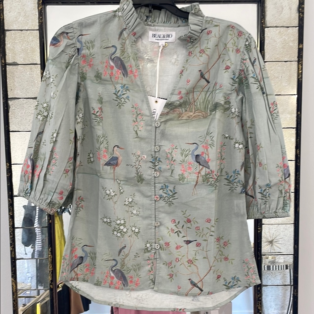 Heron Print Button-Up Blouse